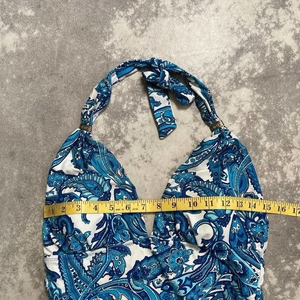 Chaps Sz 12 Retro Paisley Halter Swimsuit Blue‎ White Sweetheart Shirred